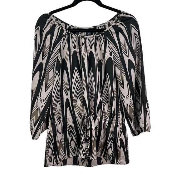 Banana Republic Blouse Keyhole Neck Tie Waist Peasant Sleeve Taupe Black Women M - Picture 1 of 5